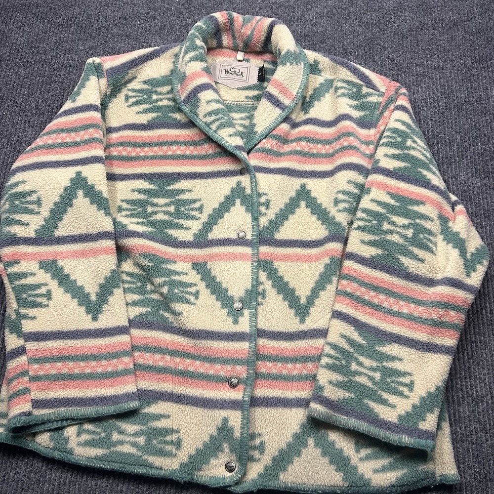 Vintage Woolrich Womens Medium Aztec Fleece Snap Jacket Shawl Collar Cardigan 90